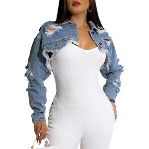 Women's Top Jean Jacket Button Down Long Sleeve Cropped Denim Jacket Light Blue